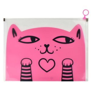 Папка А4 пластиковая на молнии 200кмк Розовый кот