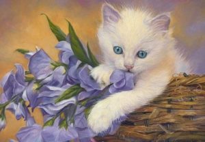 Алмазная мозаика 20х30см Белый котенок с цветами