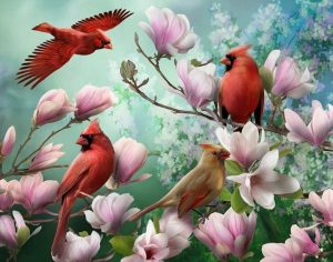 Алмазная мозаика 40х50см Красные кардиналы в цветах